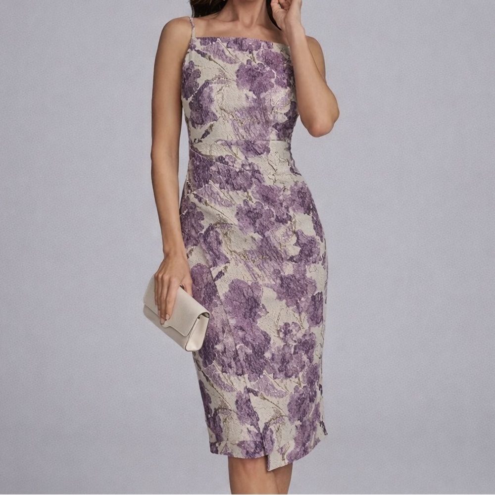 Donna Karan Cream and Lavender Floral Midi Dress